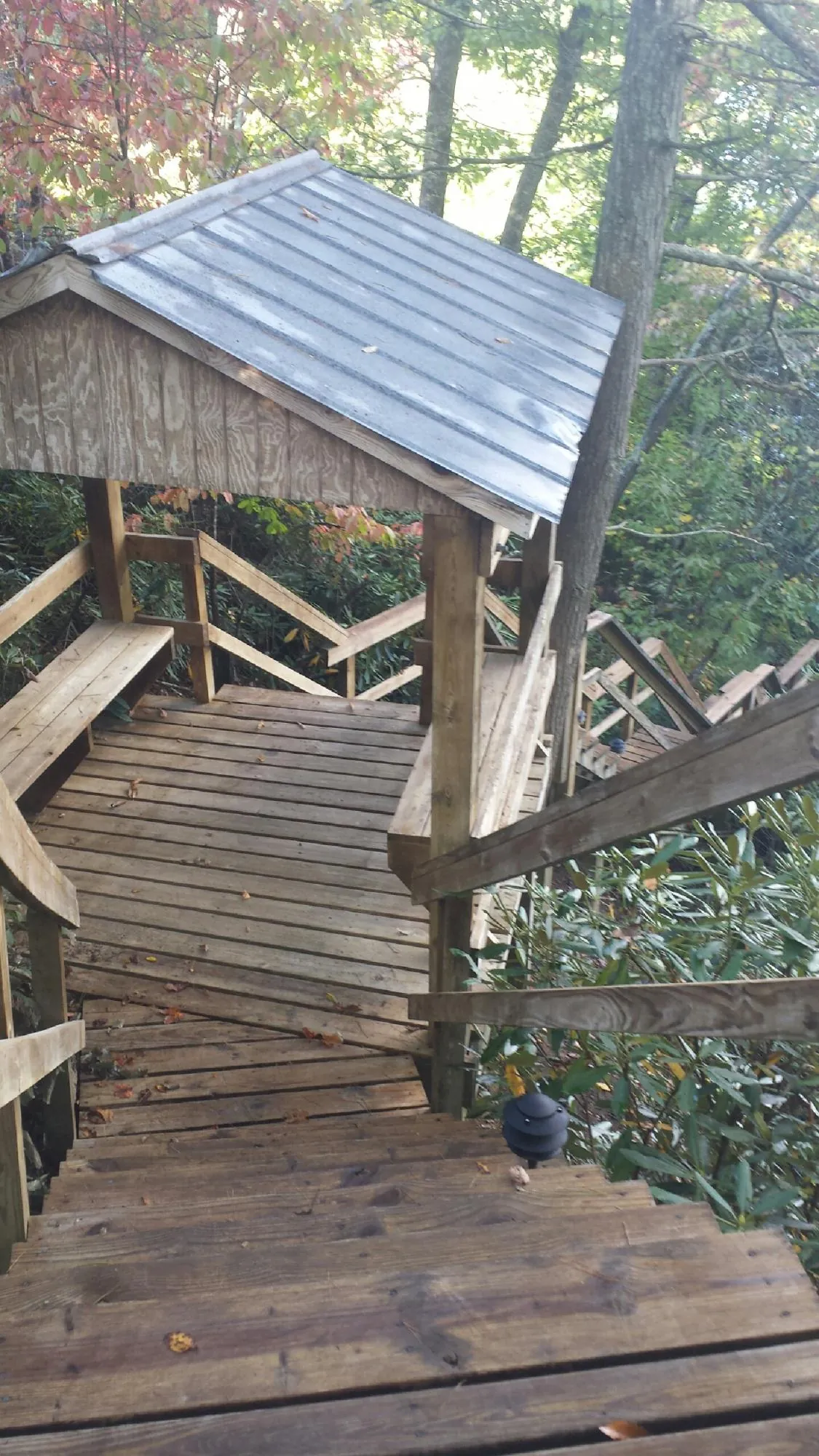 Metal roofed shelter over wooden steps on a wooded walkway — Skylight Repair & Installation work by our crew in Polkville
